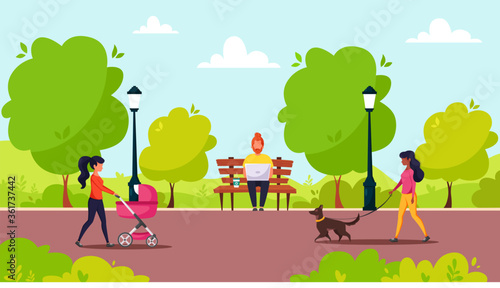 People in the park doing various activities: man sitting with laptop, woman walking with carriage, black woman with dog. Outdoor activity. Vector illustration