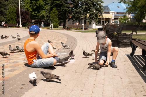 Ntwo children feed birds sitting on the ground. Pigeons walk very close to the boys. photo