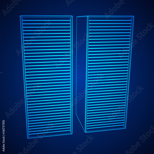 Data center storage room object. Hardware equipment telecommunication server. Computer database tower. Internet industry cluster. Wireframe low poly mesh 3d render illustration