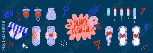 menstruation products for female hygiene, period, icon set