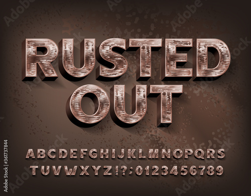 Rusted Out alphabet font. Scratched metal letters and numbers. Stock vector typescript for your design.