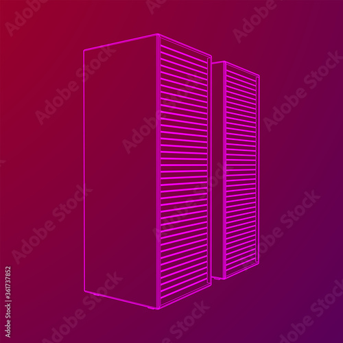 Data center storage room object. Hardware equipment telecommunication server. Computer database tower. Internet industry cluster. Wireframe low poly mesh 3d render illustration
