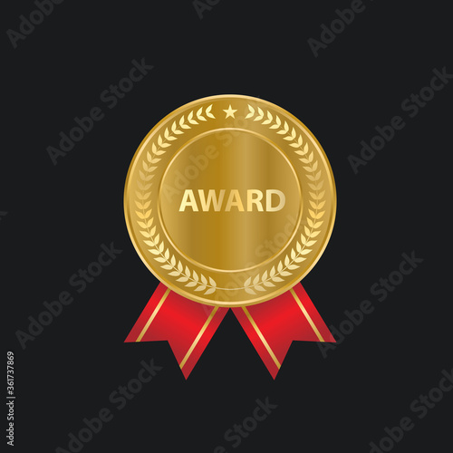Gold Medal Vector. Round Championship Label. Competition Challenge Award. Red Ribbon. Isolated On White. Realistic illustration.