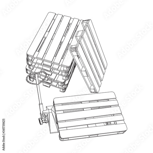 Fototapeta Naklejka Na Ścianę i Meble -  Hand pallet jack lift. Manual forklift with cargo pallet for warehouse. Logistics shipping concept. Wireframe low poly mesh vector illustration.