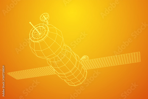 Space station communications satellite. Wireframe low poly mesh vector illustration.