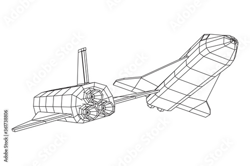 Space ship shuttle. Wireframe low poly mesh vector illustration.
