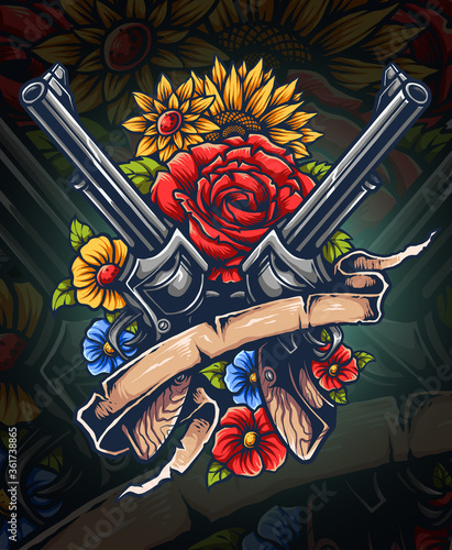 Vector illustration tattoo designs of revolver guns with flowers and banner for text placement