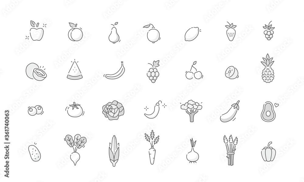 Fototapeta premium Fruits and Vegetables Icons. Berries, Fruits,Vegetables and other Garden Products Signs Collection. Diet and Healthy Eating Symbols. Flat Line Vector Illustration and Icons Set.