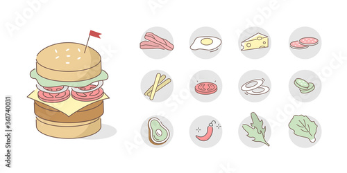 Burger and Toppings Icons. Ingredients for Hamburger Cooking. Sliced Vegetables, Bacon, Salad and other Burger Fillings. Fast Food Concept. Flat Vector Illustration and Icons set.