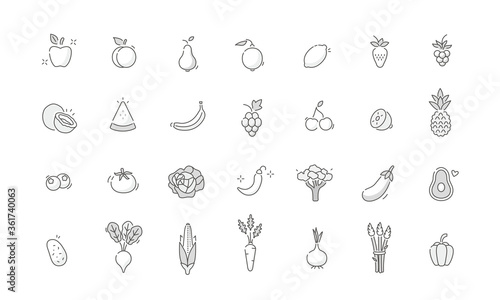 Fruits and Vegetables Icons. Berries  Fruits Vegetables and other Garden Products Signs Collection. Diet and Healthy Eating Symbols. Flat Line Vector Illustration and Icons Set.