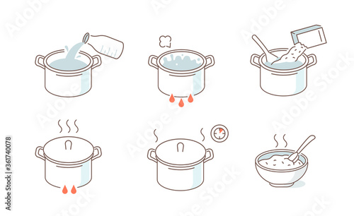 Instruction How to Prepare and Cook Breakfast Porridge. Cooking Directions for Oatmeal or Rice. Place Grains in Pot and Cook on Low Heat. Healthy Food Concept. Flat Vector Illustration and Icons set.
