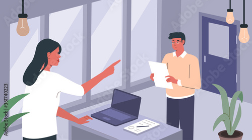 People Characters in Office. Woman Boss Fires his Employee and Pointing at Office Door. Man Holding a Dismissal Letter. Job Firing Concept. Flat Cartoon Vector Illustration.