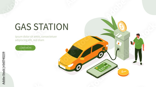 People Character Standing at Gas Station and Fueling his Car. Man Paying by Smartphone for Gasoline and Save Money. Fuel Economy Concept. Flat Isometric Vector  Illustration.
