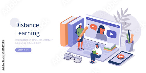 Students Learning Online at Home. People Characters Having Video Call with Teacher on Laptop and Studying with Smartphone. Online Education Concept. Flat Isometric Vector  Illustration.