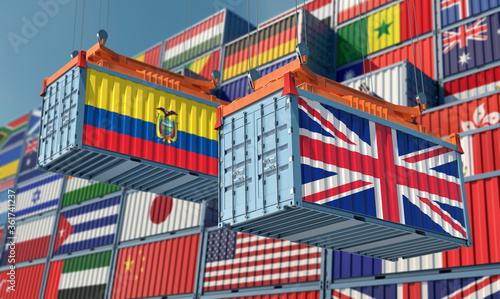 Freight containers with United Kingdom and Ecuador flag. 3D Rendering 