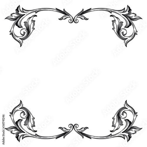 Vintage Ornament Element in baroque style with filigree and floral engrave the best situated for create frame, border, banner. It's hand drawn foliage swirl like victorian or damask design arabesque.
