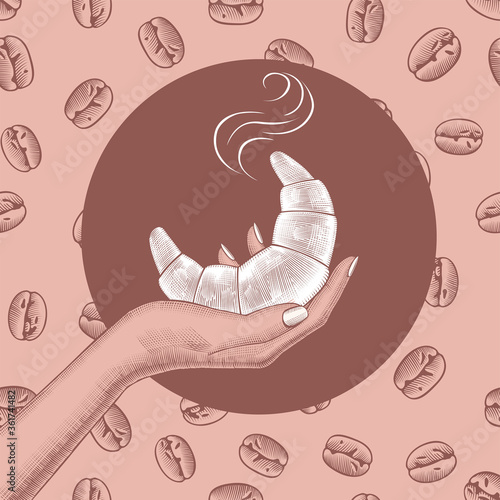 A womans hand holds a fresh croissant.