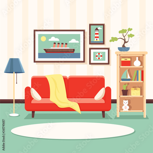 Vector illustration of a cozy living room in sea style. Interior in marine theme with bright red sofa, standart lamp, paintings on the wall with the image of a ship.