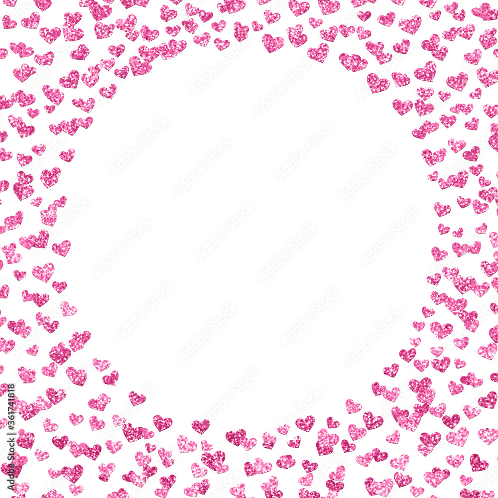 pink and white background circle square frame with multiple scattered glitter hearts