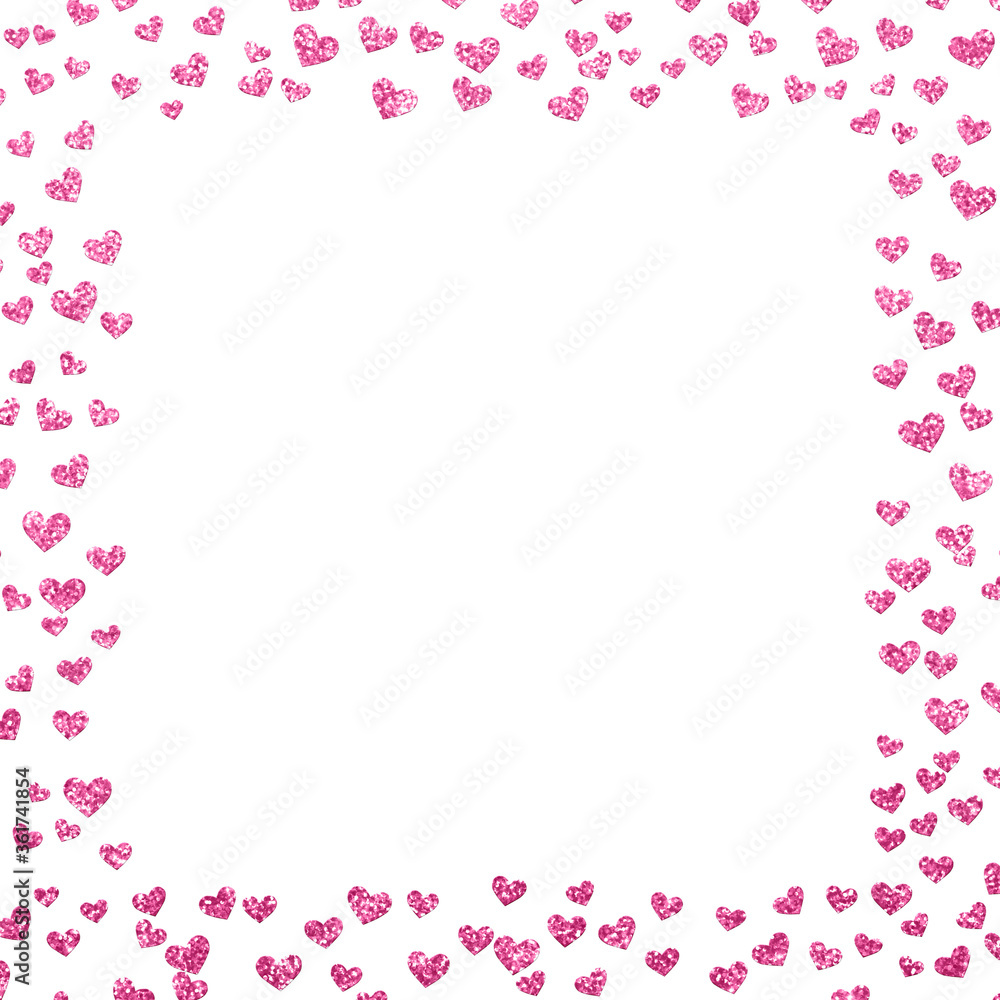 pink and white background square frame with light scattered glitter hearts