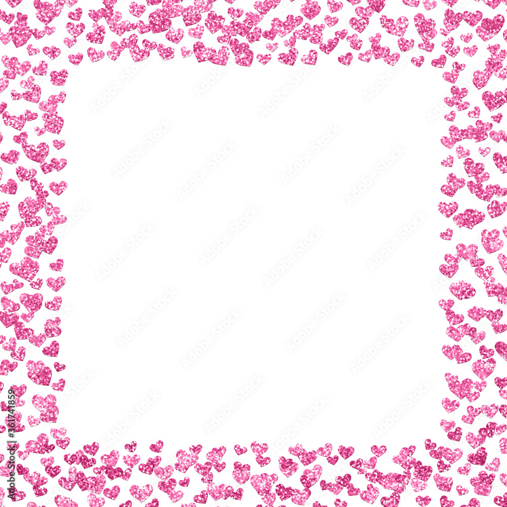 pink and white background square frame with multiple scattered glitter hearts