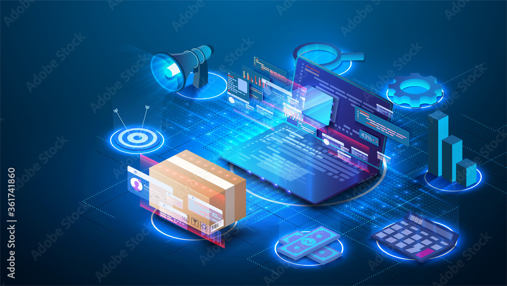 Smart logistics industry 4.0. Inventory optimization isometric  Asset warehouse and inventory management supply chain technology concept. Auditing of data, digital technology. Web banner template