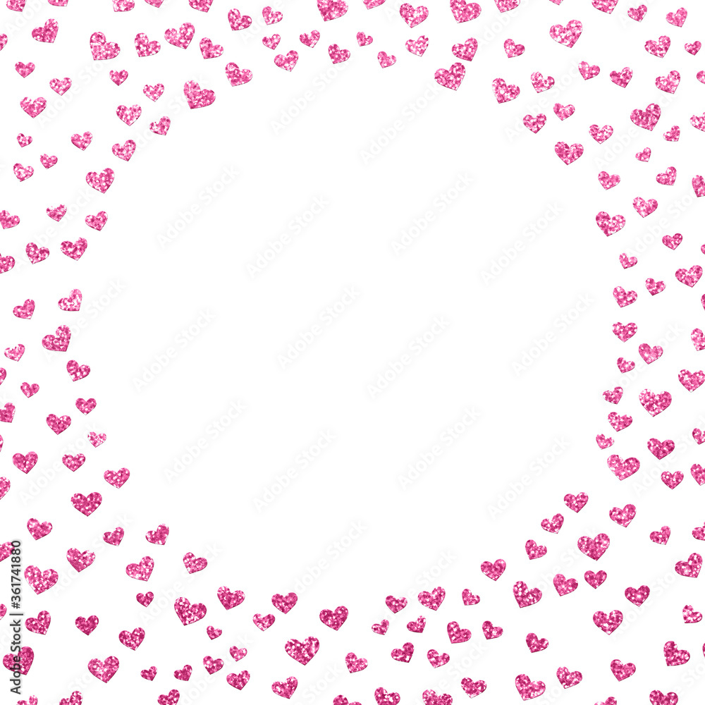 pink and white background circle square frame with light scattered glitter hearts