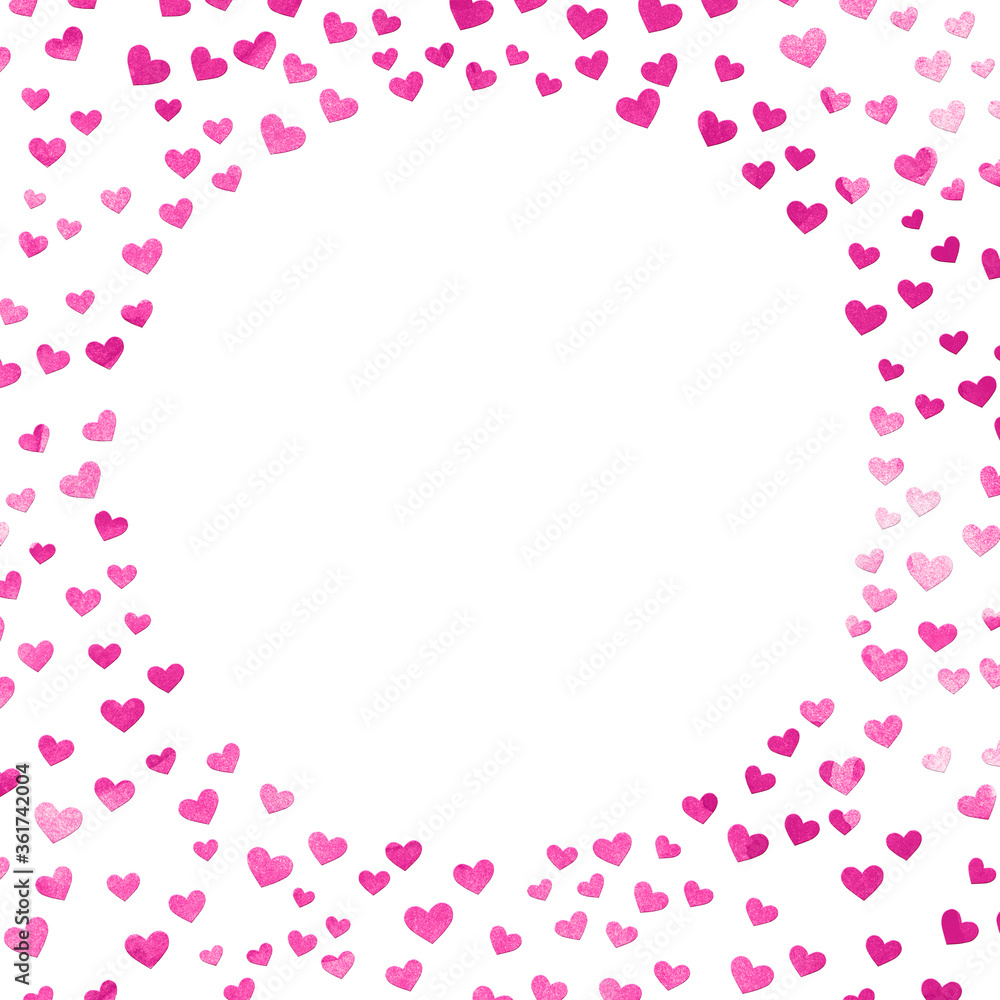 pink and white background circle square frame with light scattered watercolor hearts