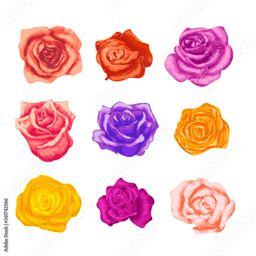Large set of bright beautiful rosebuds in different colours on white