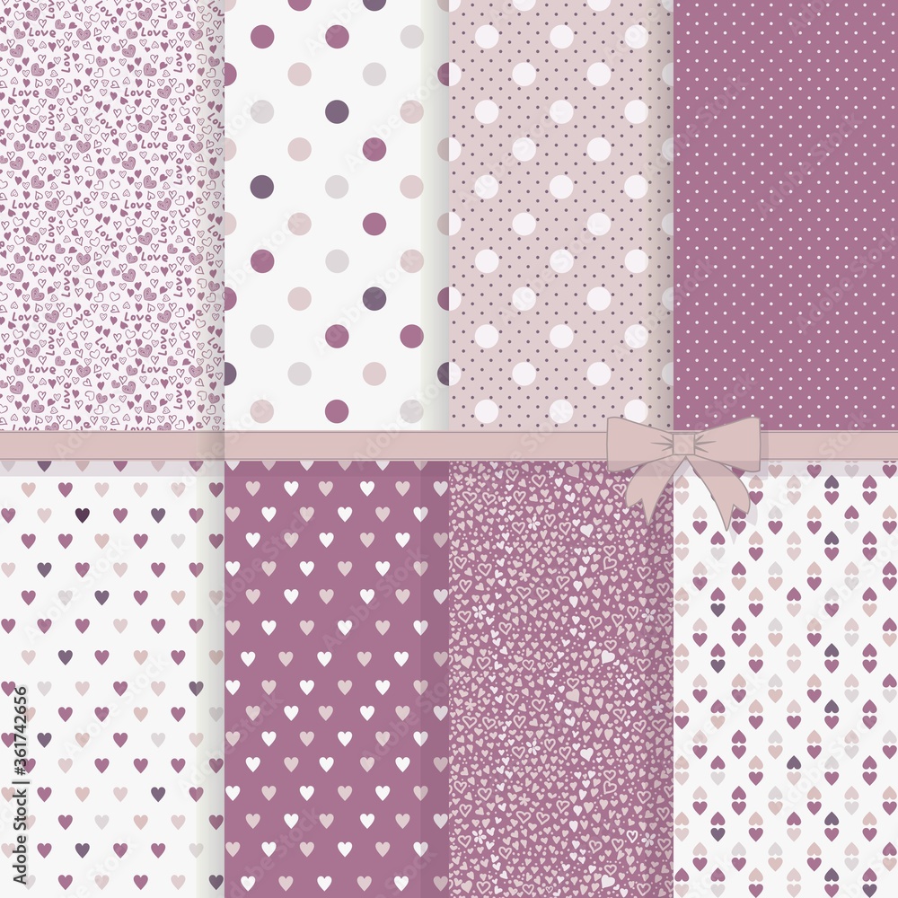 collection of vintage seamless abstract patterns with hearts and polka dots. Vector illustration