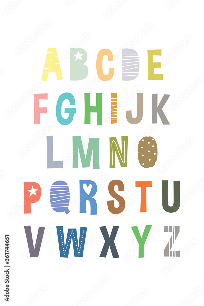 ABC Kids Poster Vector. Children's Cheerful Alphabet Wall Poster Vector