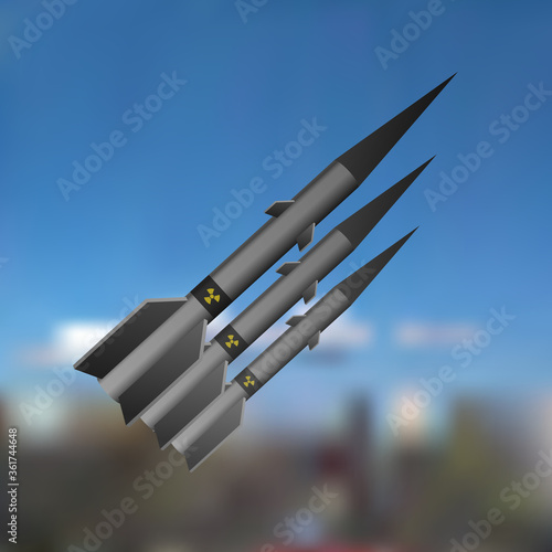 A nuclear missile flies in the sky.
