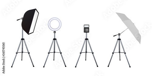 Soft box and umbrella reflectors, flash and circular speed light.