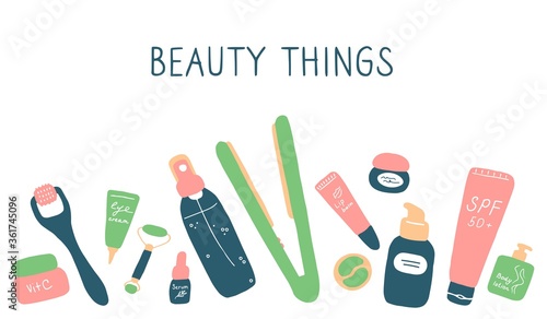 Beauty things. Products, cosmetics, tools devices for beauty. Skin, body and hair care. Vector flat illustration