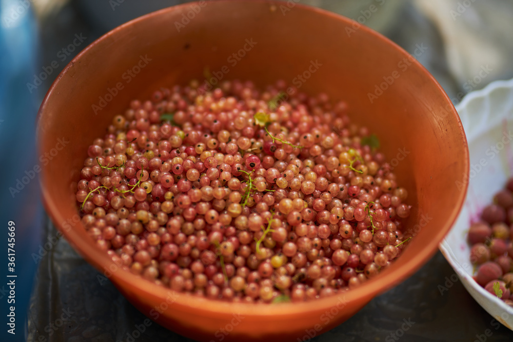 Close-up of white currants in an orange bowl. White creek. Crust close-up. Berries Close-up of white currants in an orange bowl. White creek. Crust close-up. Berries