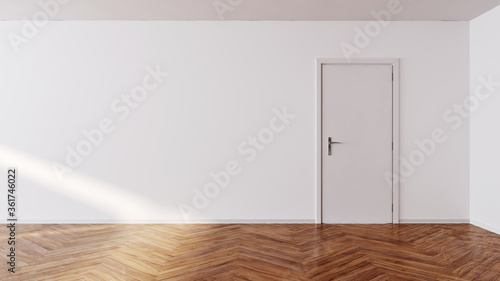 Foto empty white room with wooden parquet floor, frontal door view, 3D mockup renderi