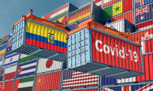 Container with Coronavirus Covid-19 text on the side and container with Ecuador Flag. Concept of international trade and travel spreading the Corona virus. 3D Rendering © Marius Faust