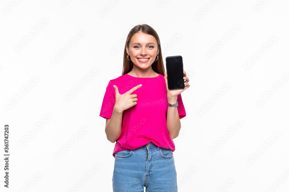 Portrait of a joyful swoman showing blank screen mobile phone isolated over white background Portrait of a joyful swoman showing blank screen mobile phone isolated over white background