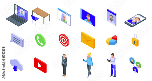 Online meeting icons set. Isometric set of online meeting vector icons for web design isolated on white background