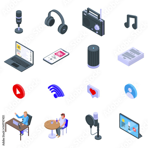 Podcast icons set. Isometric set of podcast vector icons for web design isolated on white background