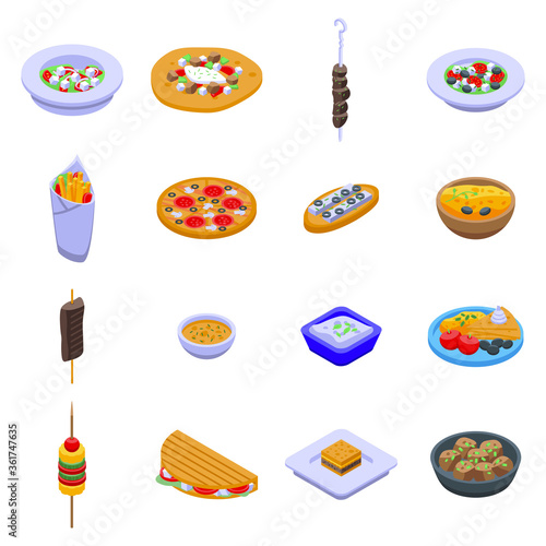 Greece food icons set. Isometric set of greece food vector icons for web design isolated on white background
