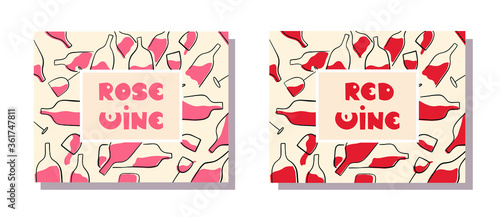 rose wine and red wine rectangular posters and labels with hand drawn bottles and glasses filled with wine on soft paper like background - flat vector illustration