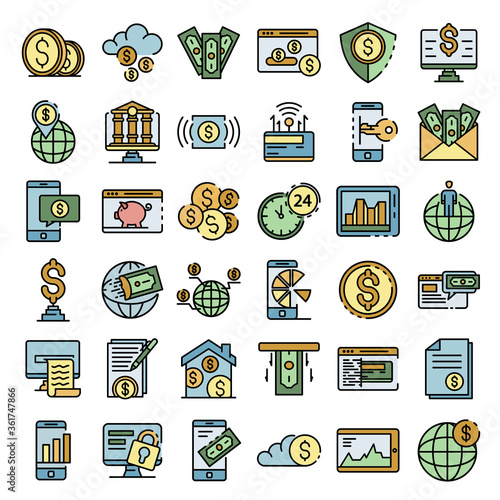 Internet banking icons set. Outline set of internet banking vector icons thin line color flat on white