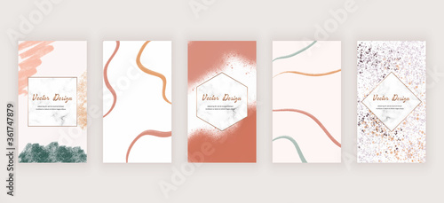 Watercolor social media stories banners with nude abstract freehand brush stroke shapes and marble frames
