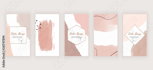 Watercolor social media stories banners with nude abstract freehand brush stroke shapes and marble frames