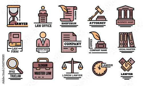 Lawyer icons set. Outline set of lawyer vector icons thin line color flat on white