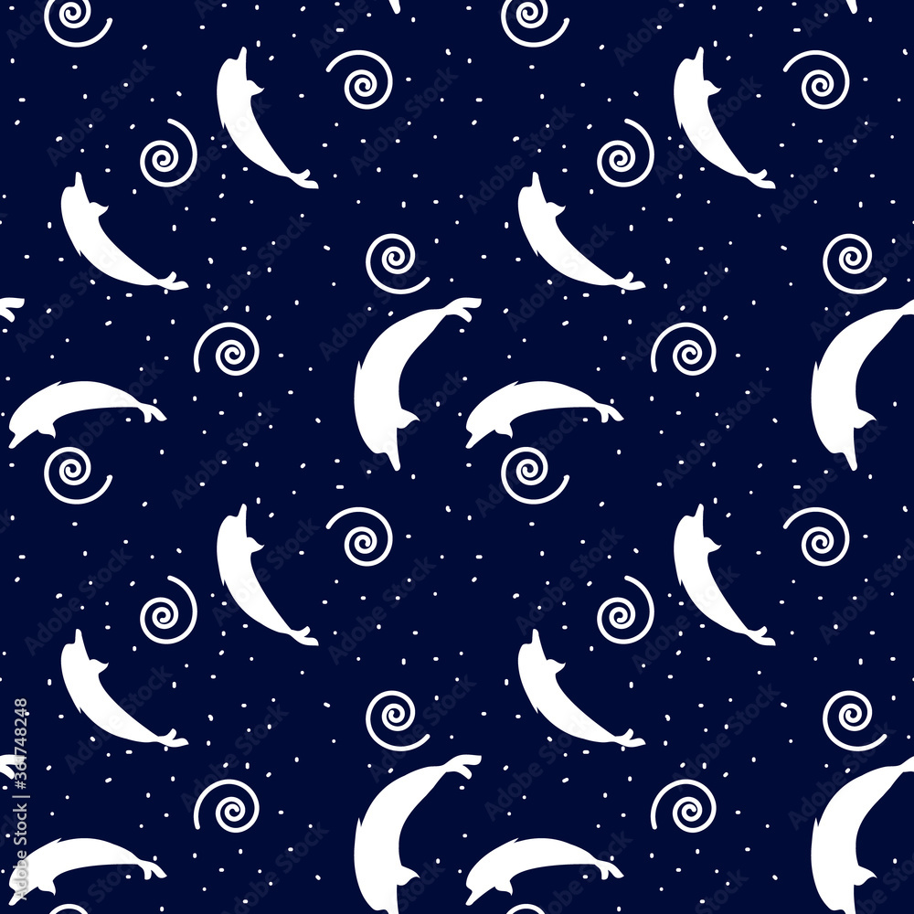 seamless pattern with dolphins silhouettes on dark blue background. Vector seamless pattern with dolphins silhouettes on dark blue background. Vector