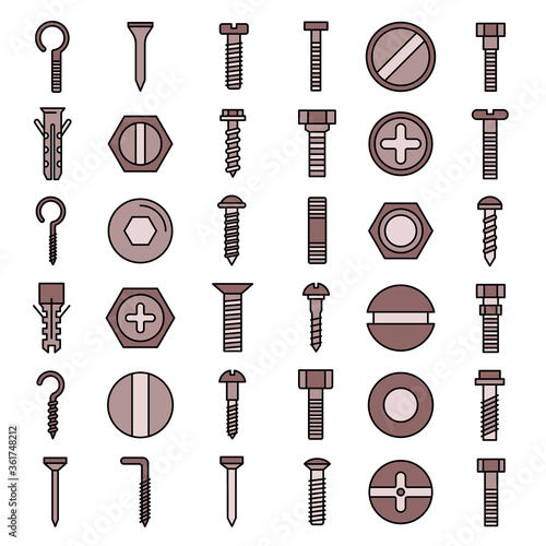 Screw-bolt icons set. Outline set of screw-bolt vector icons thin line color flat on white