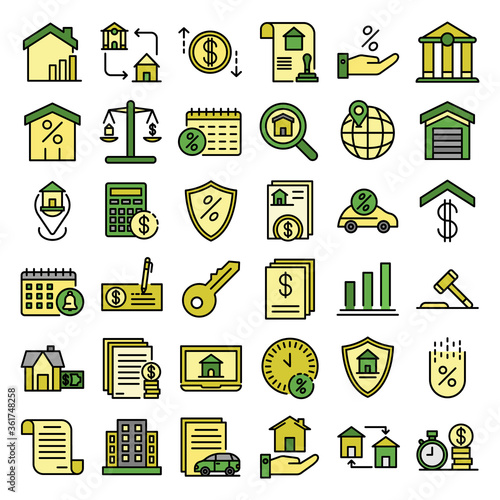 Mortgage icons set. Outline set of mortgage vector icons thin line color flat on white
