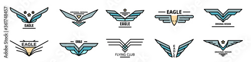 Eagle logo set. Outline set of eagle vector logo thin line color flat on white